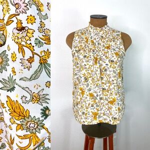 J. Crew Pintuck Cotton Poplin Top in Sunny Blooms Yellows Size Small Button Neck